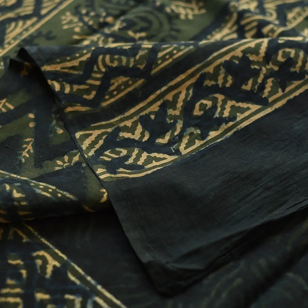 Exclusive Block Printed Cotton Dabu ~ green Saree