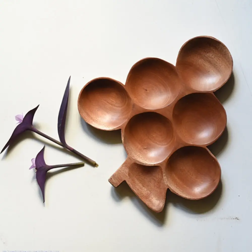 handmade wooden grapes shaped platter with round compartments