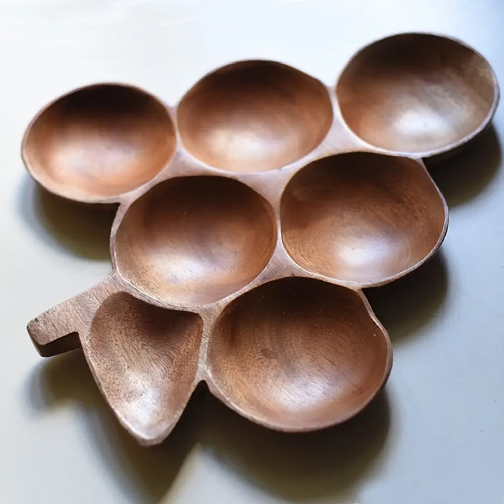 handmade wooden grapes shaped platter with round compartments
