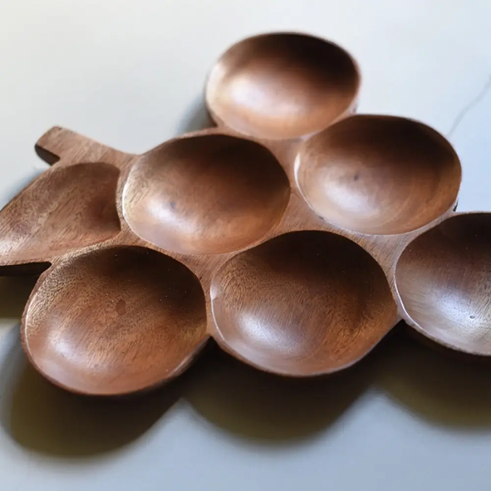 handmade wooden grapes shaped platter with round compartments