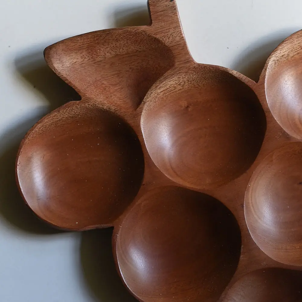 handmade wooden grapes shaped platter with round compartments