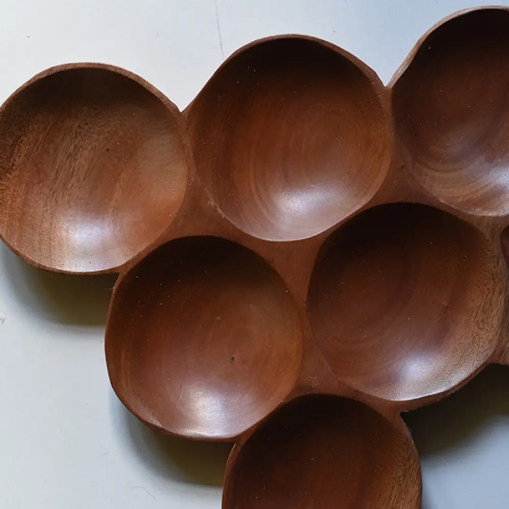 handmade wooden grapes shaped platter with round compartments