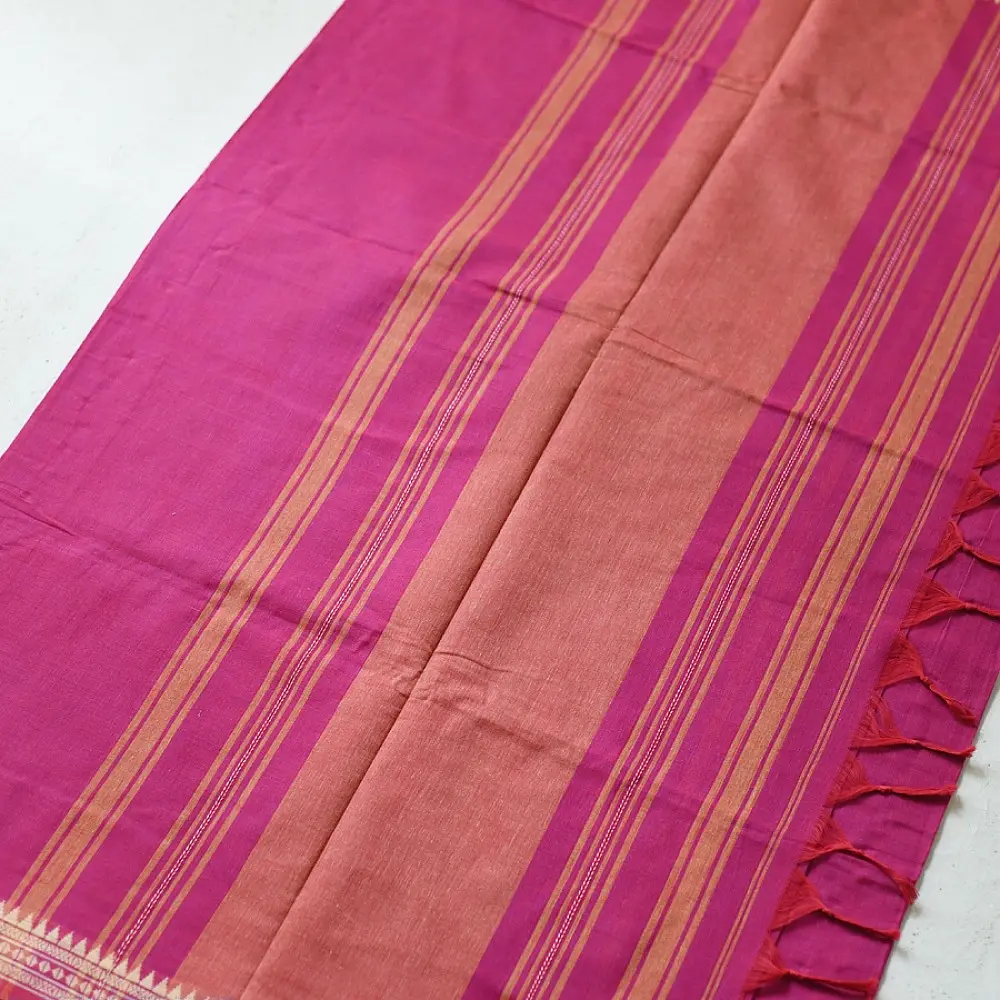 handloom begampuri pure cotton saree in deep rani pink with mustard yellow pinstripes and woven temple borders with fringe tassels