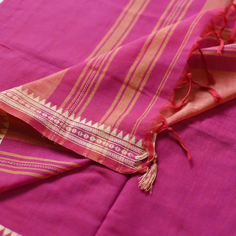 handloom begampuri pure cotton saree in deep rani pink with mustard yellow pinstripes and woven temple borders with fringe tassels