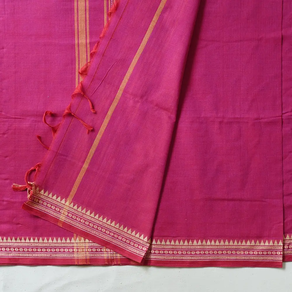handloom begampuri pure cotton saree in deep rani pink with mustard yellow pinstripes and woven temple borders with fringe tassels