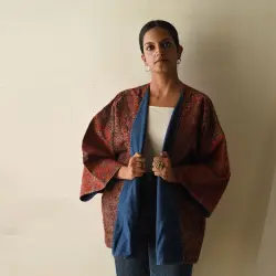 Kimono | Reversible Ajrakh & Denim Jacket With Kantha Stitch