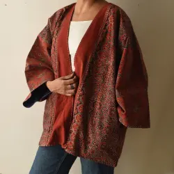 Kimono | Reversible Ajrakh & Denim Jacket With Kantha Stitch