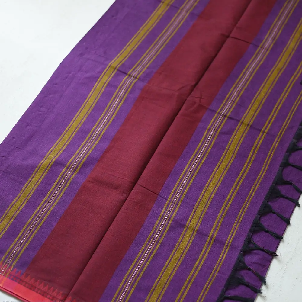 handloom begampuri pure cotton saree in bright purple with mustard yellow pinstripes and pink-red woven temple borders