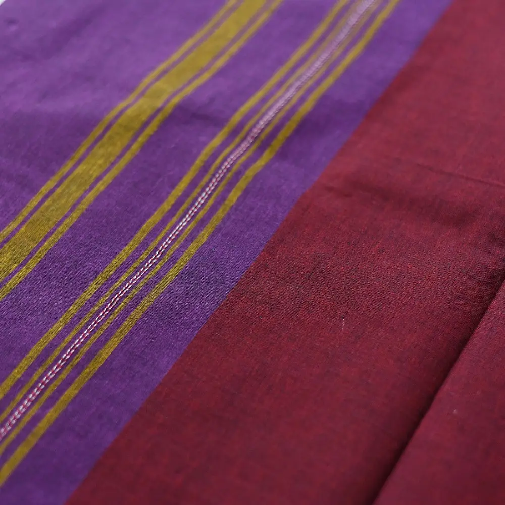handloom begampuri pure cotton saree in bright purple with mustard yellow pinstripes and pink-red woven temple borders