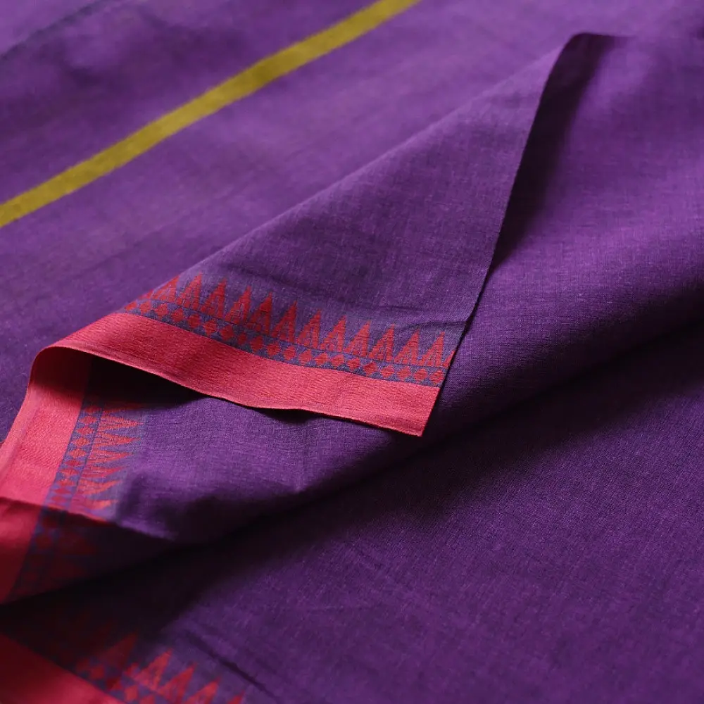handloom begampuri pure cotton saree in bright purple with mustard yellow pinstripes and pink-red woven temple borders