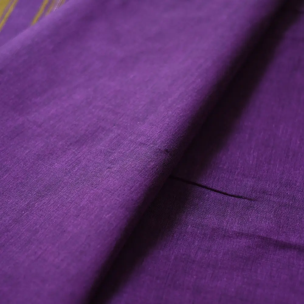 handloom begampuri pure cotton saree in bright purple with mustard yellow pinstripes and pink-red woven temple borders