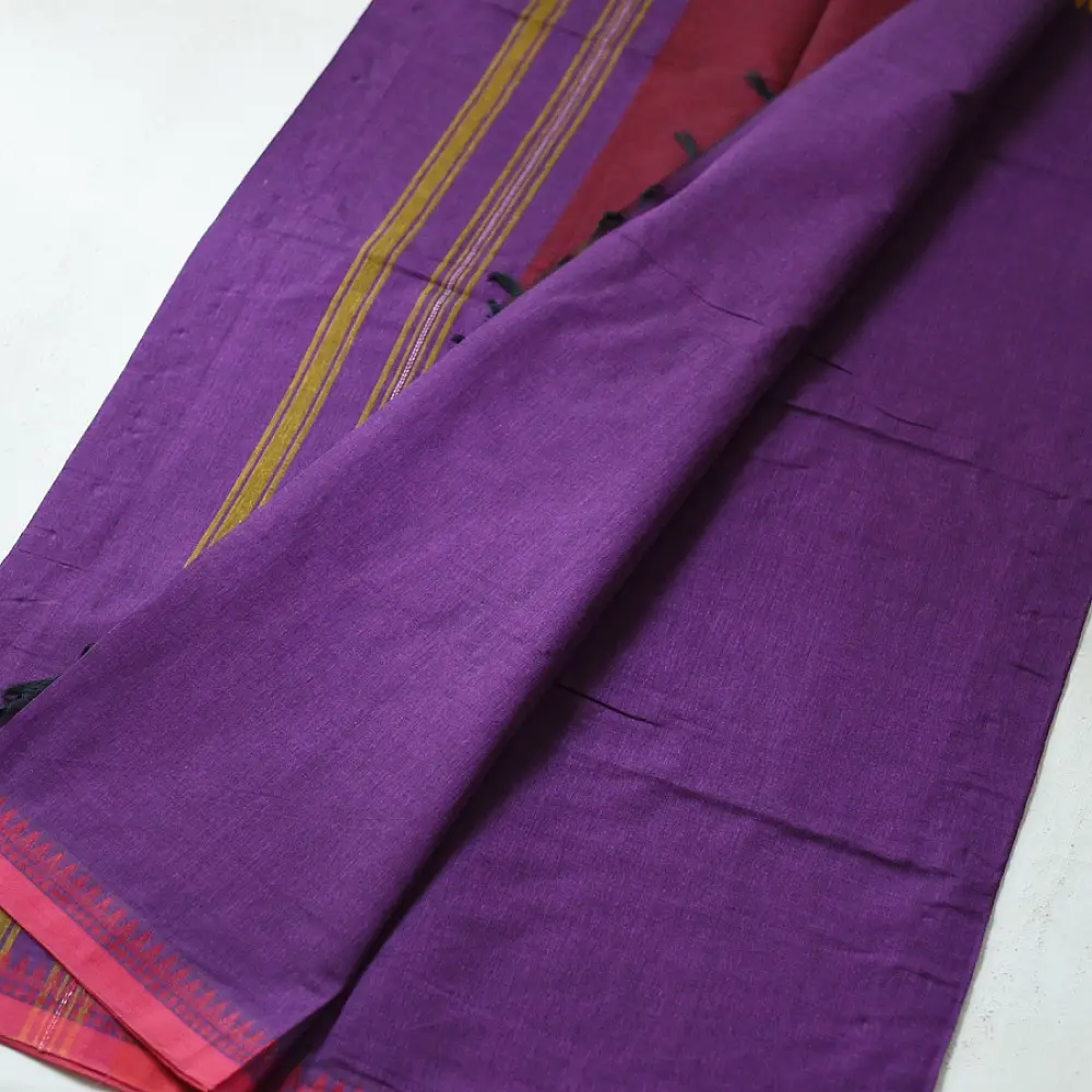 handloom begampuri pure cotton saree in bright purple with mustard yellow pinstripes and pink-red woven temple borders