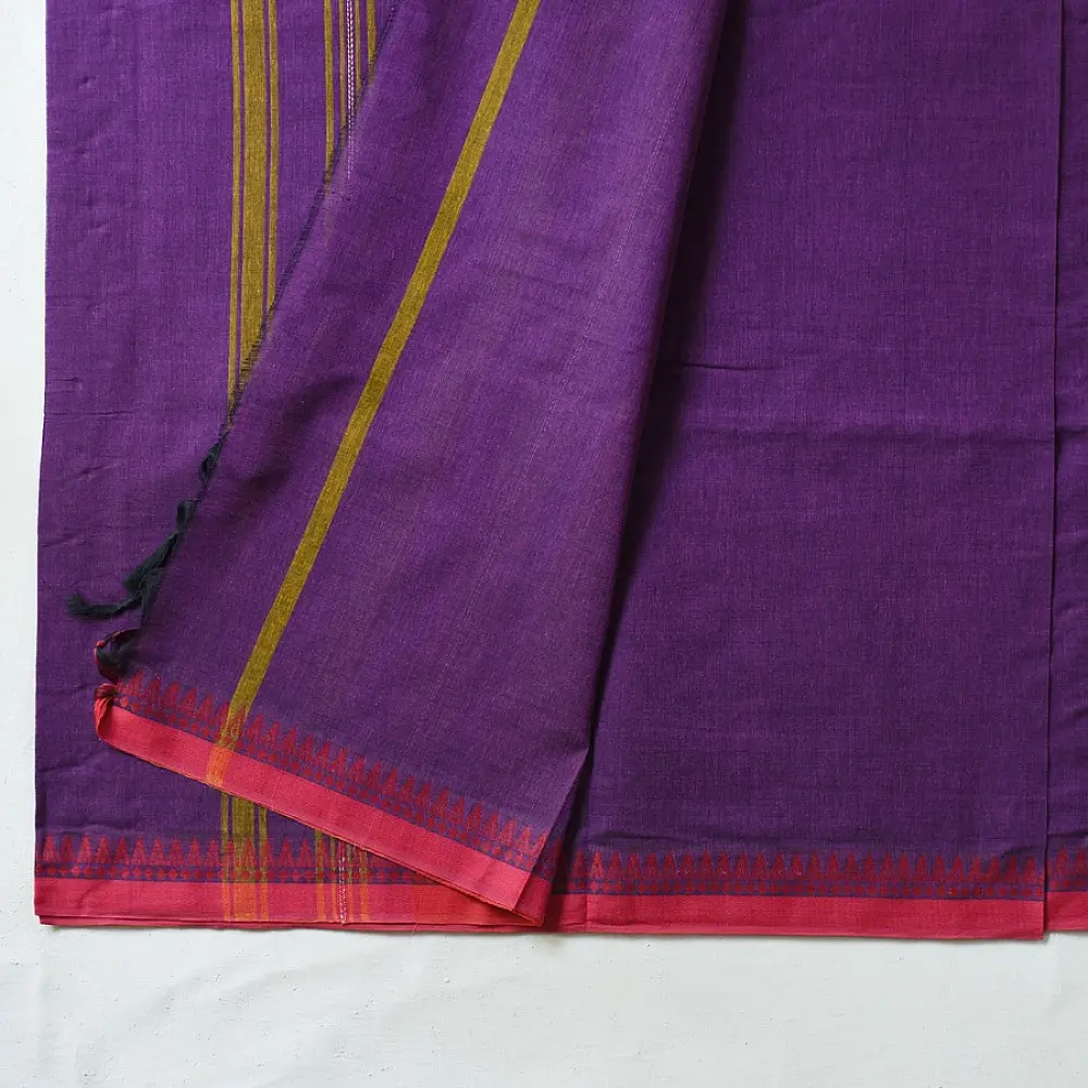 handloom begampuri pure cotton saree in bright purple with mustard yellow pinstripes and pink-red woven temple borders