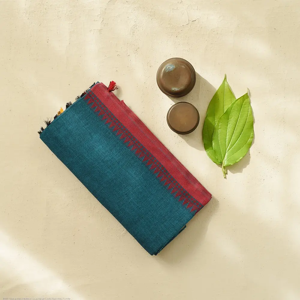 handloom begampuri pure cotton saree in teal blue with red and mustard yellow woven temple borders and tassel fringe