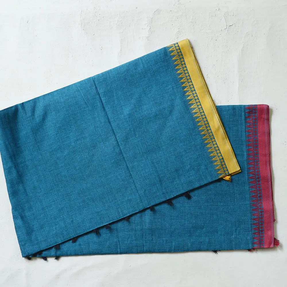 handloom begampuri pure cotton saree in teal blue with red and mustard yellow woven temple borders and tassel fringe