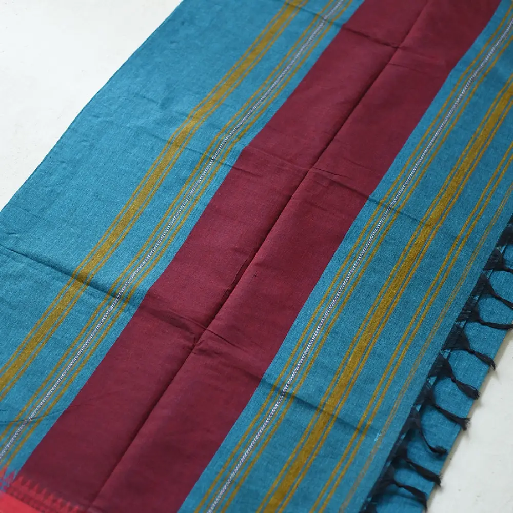 handloom begampuri pure cotton saree in teal blue with red and mustard yellow woven temple borders and tassel fringe