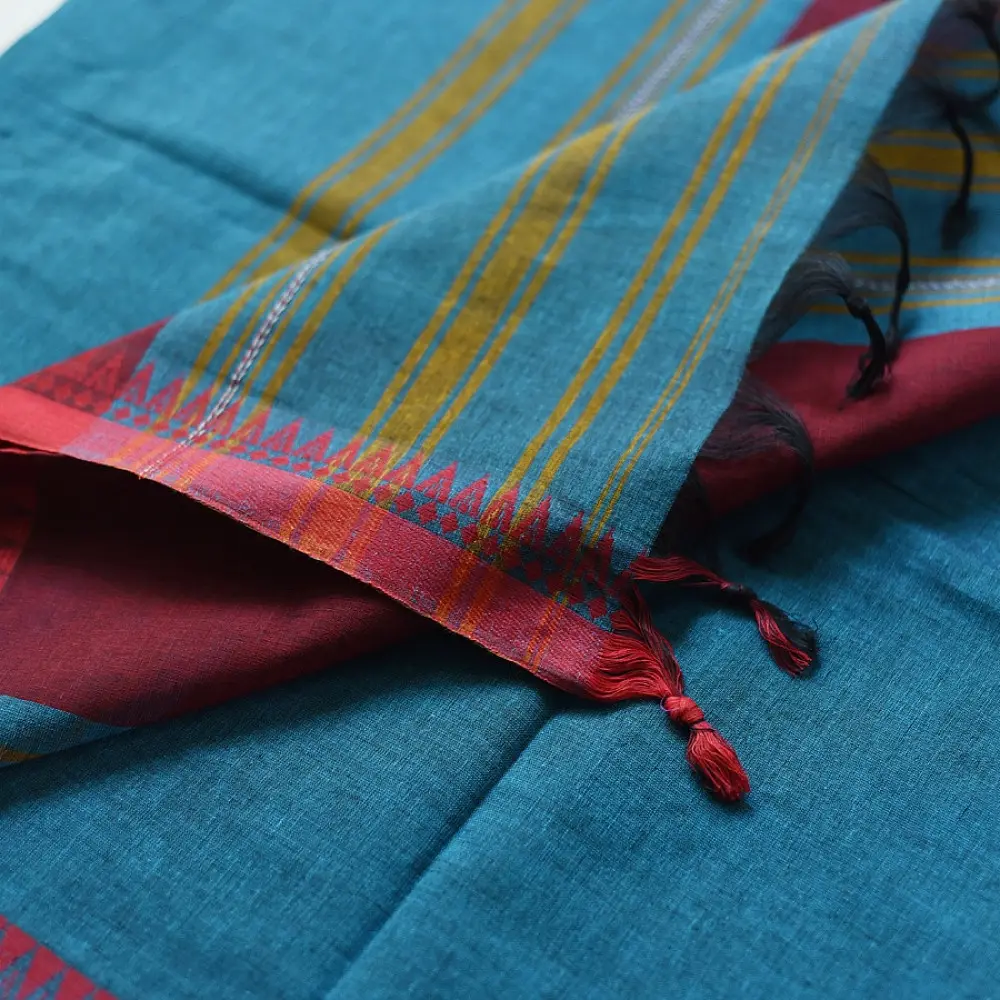 handloom begampuri pure cotton saree in teal blue with red and mustard yellow woven temple borders and tassel fringe