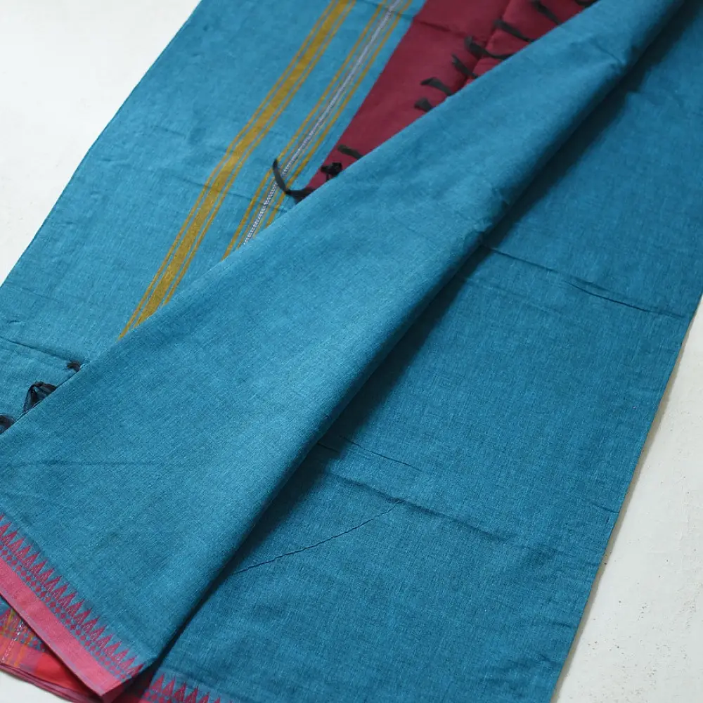 handloom begampuri pure cotton saree in teal blue with red and mustard yellow woven temple borders and tassel fringe