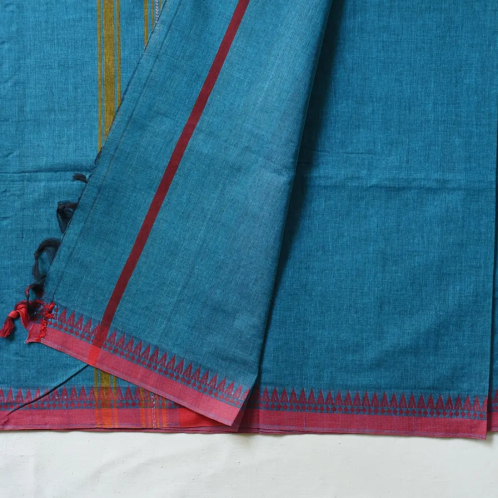 handloom begampuri pure cotton saree in teal blue with red and mustard yellow woven temple borders and tassel fringe