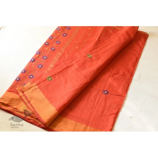 Shop Embroidery On Chanderi Saree - Terracotta Color