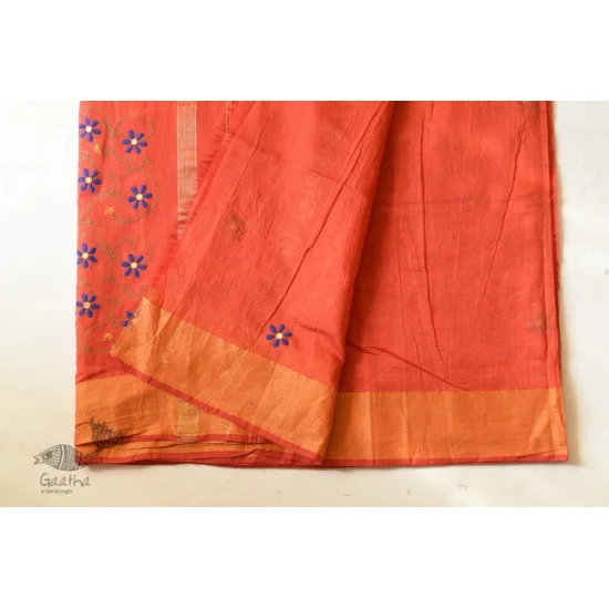 Shop Embroidery On Chanderi Saree - Terracotta Color