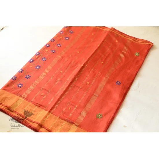 Shop Embroidery On Chanderi Saree - Terracotta Color