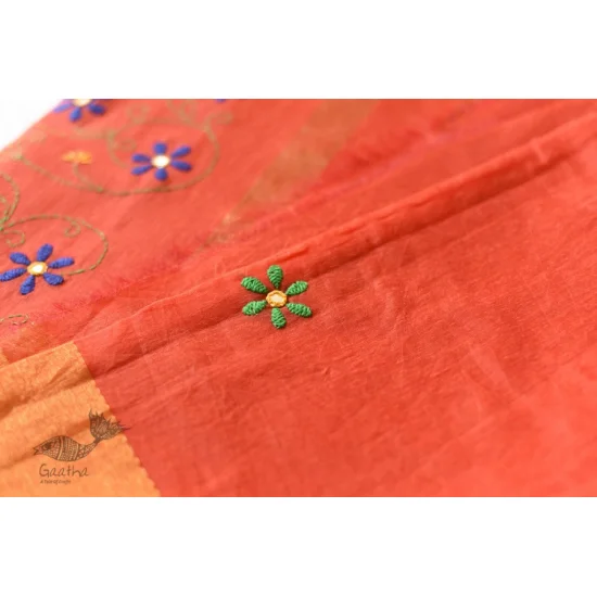 Shop Embroidery On Chanderi Saree - Terracotta Color