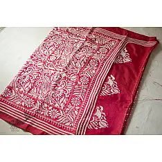 Madhumalti | Kantha Embroidery ~ Rani Pink / Dark Red Silk Saree