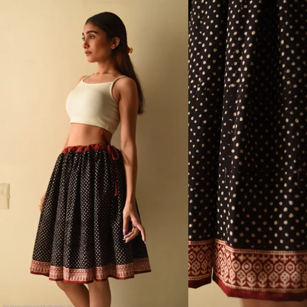 shop Jawariya Block Printed Short Skirt - Black Doted