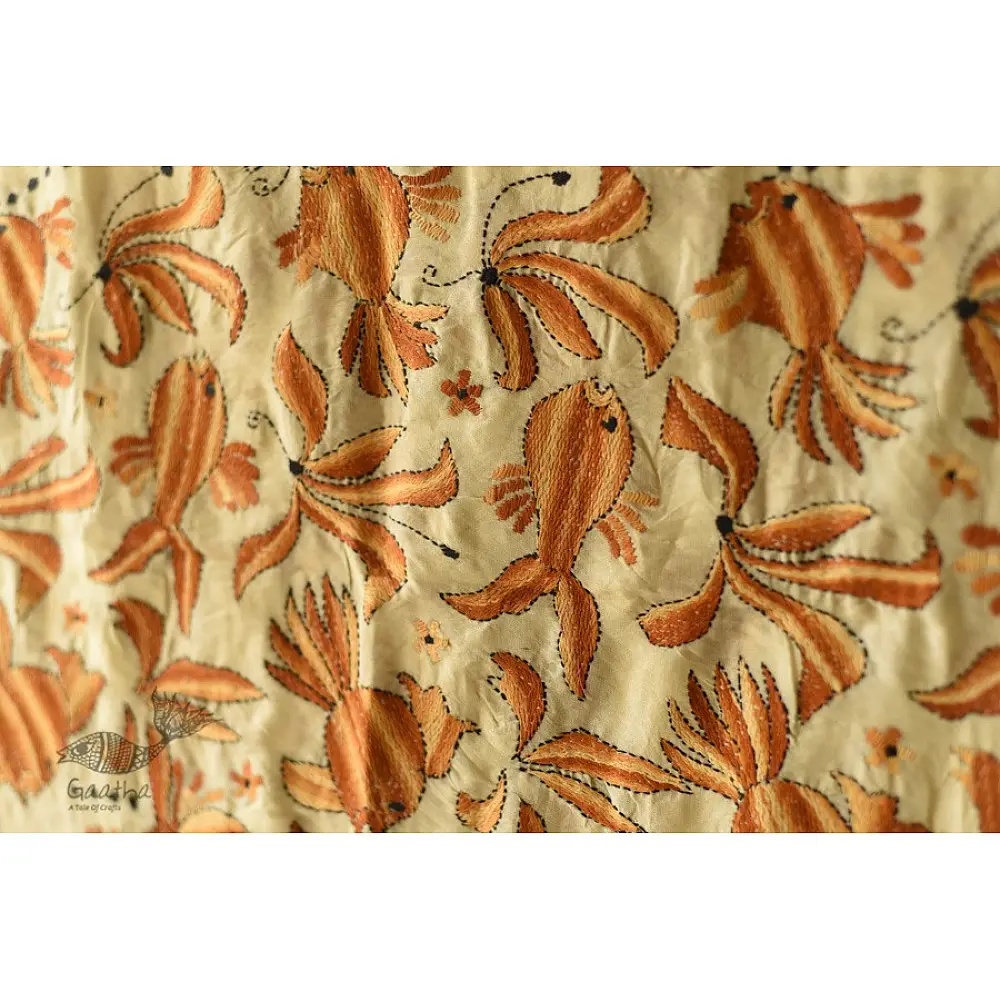 Kantha Tussar Silk Stole - Fish Hand Embroidery