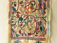 Pushparam . पुष्पारम | Kantha Tussar Silk Stole - Owl Embroidered