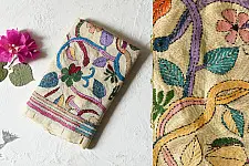 Pushparam . पुष्पारम | Kantha Tussar Silk Stole - Owl Embroidered