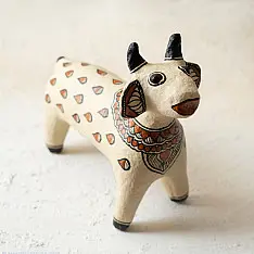 Madhuban . मधुबन ❁ Madhubani Hand Painted Paper Mache ~ Cow (Brown)