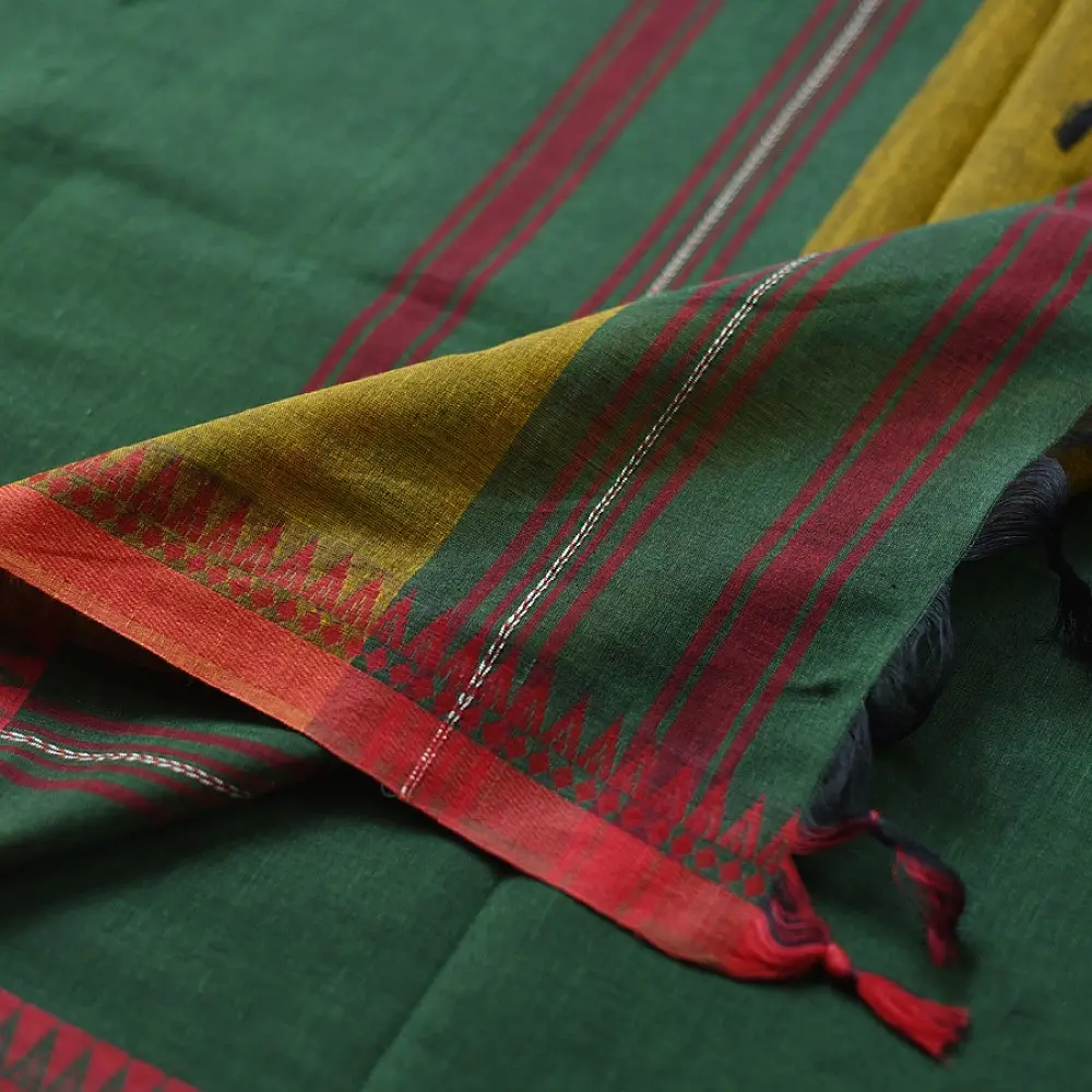 handloom begampuri pure cotton saree in forest green with red and mustard yellow woven temple borders and tassel fringe