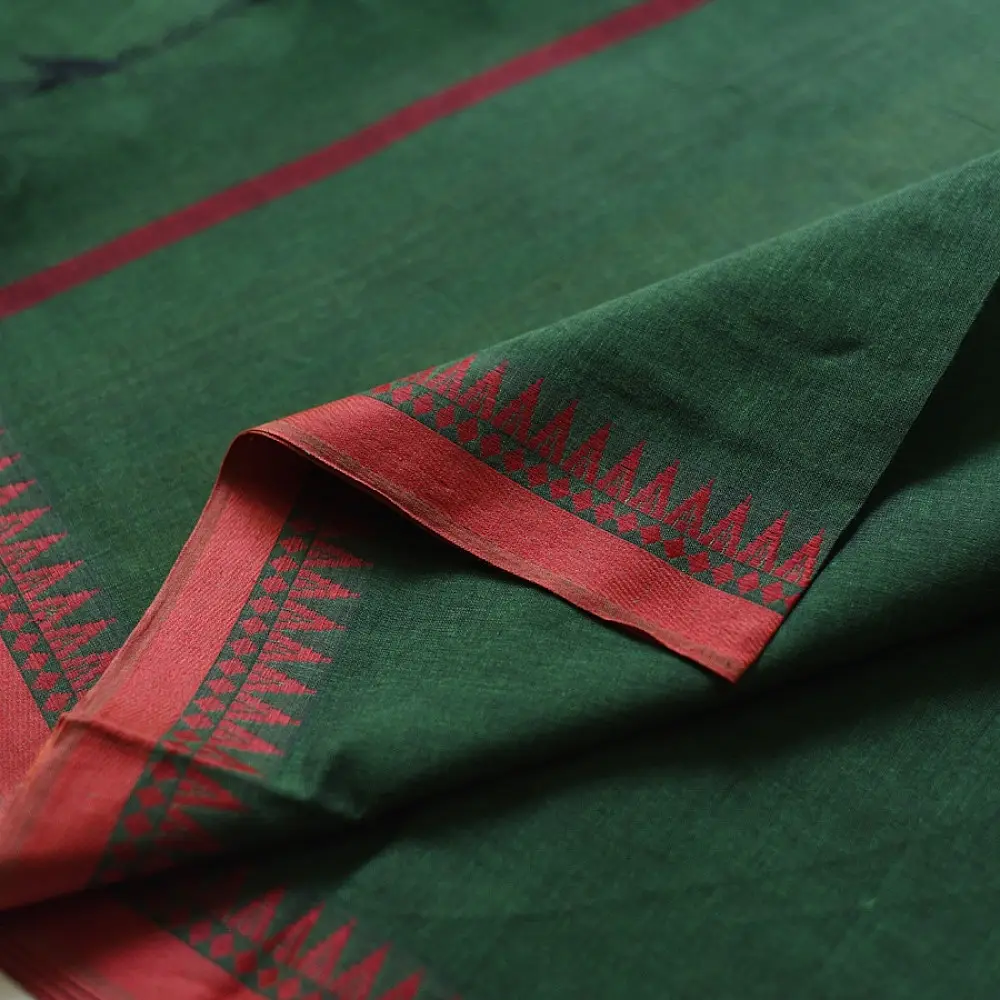 handloom begampuri pure cotton saree in forest green with red and mustard yellow woven temple borders and tassel fringe