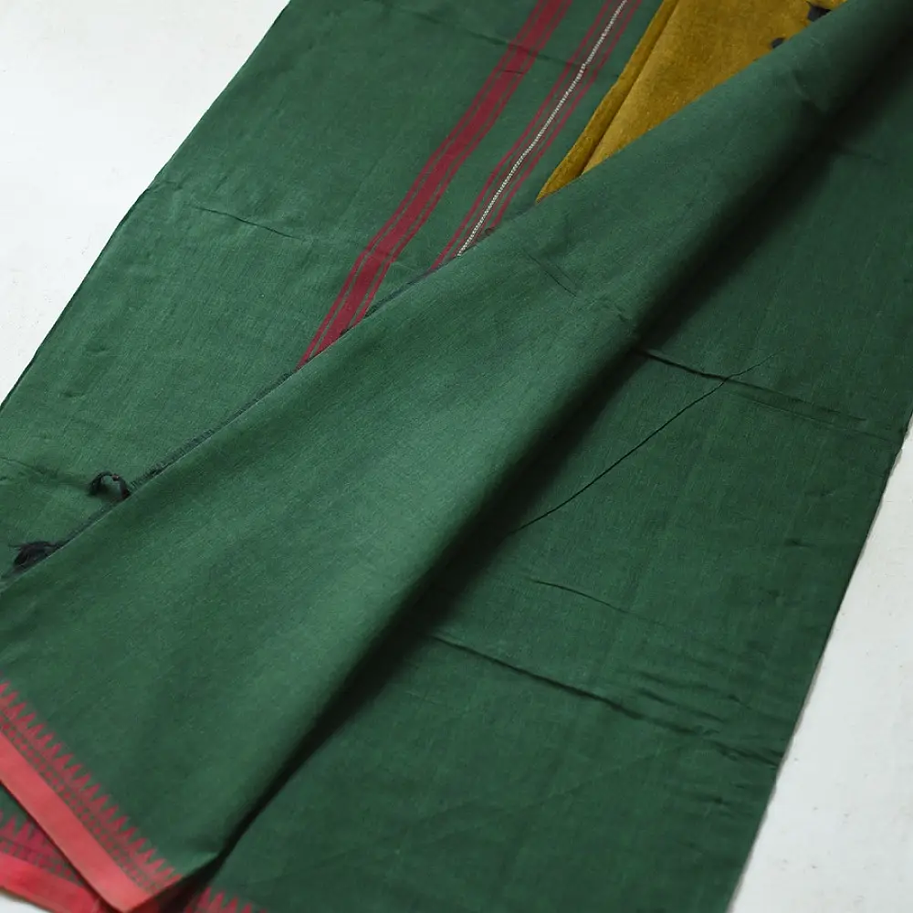 handloom begampuri pure cotton saree in forest green with red and mustard yellow woven temple borders and tassel fringe