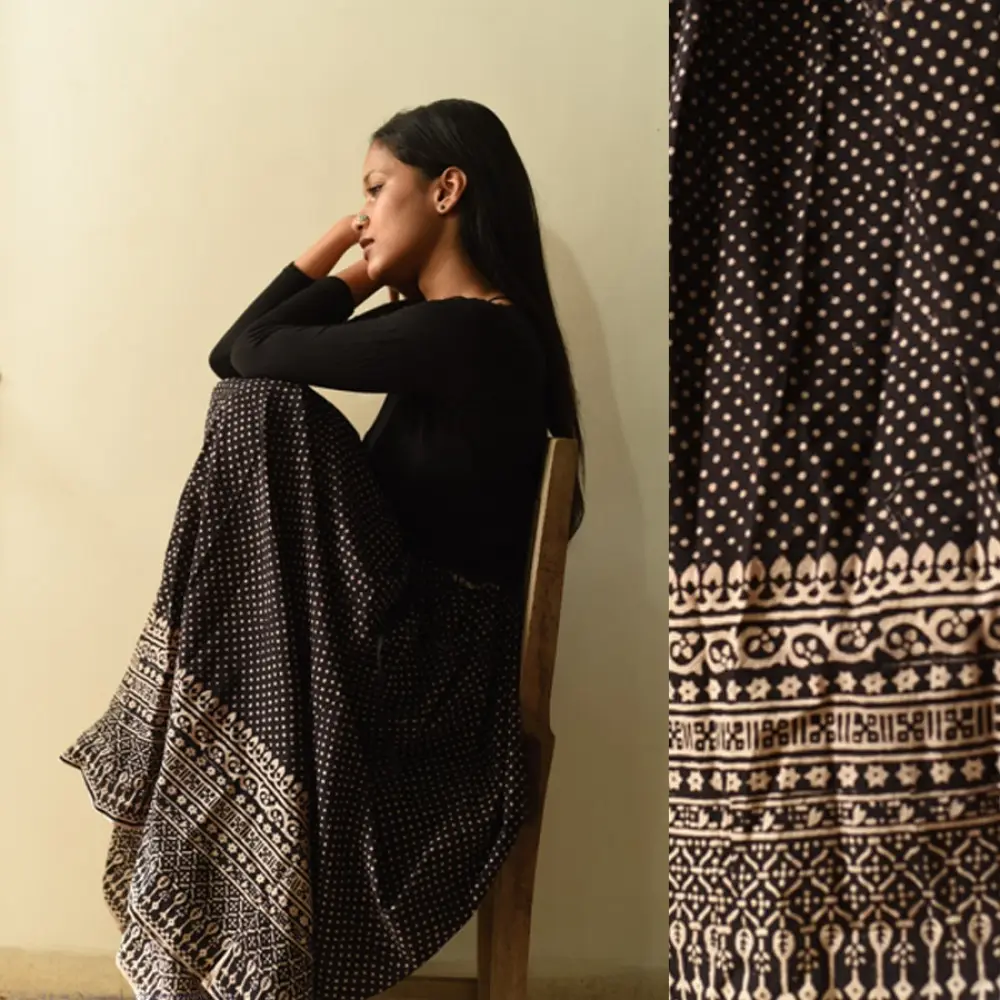 shop Jawariya Block Printed Long Skirt / Ghagra - black