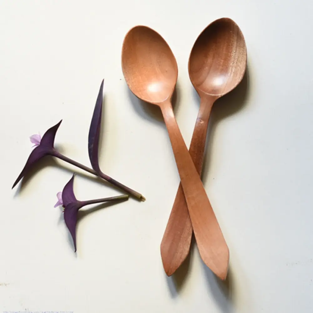 handcarved wooden spoons with smooth rounded bowls and long tapered handles, set of two