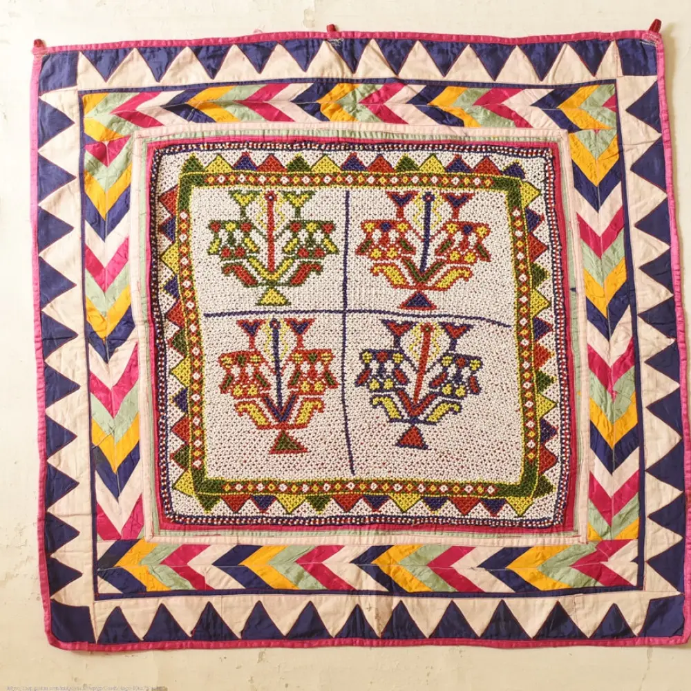 Gujrat Bead Work - Old & Antique Wall Hanging - Flower Pot Motif