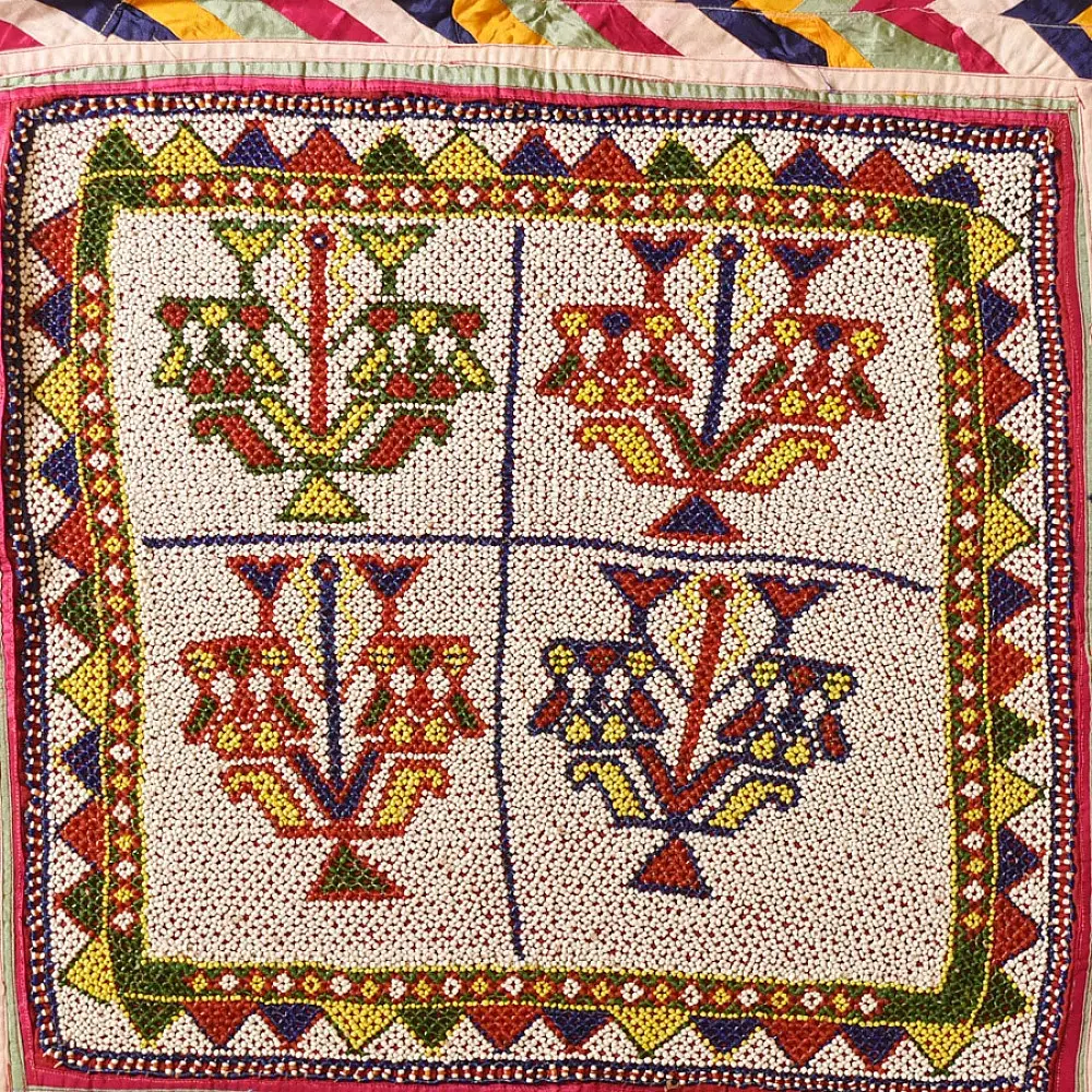Gujrat Bead Work - Old & Antique Wall Hanging - Flower Pot Motif