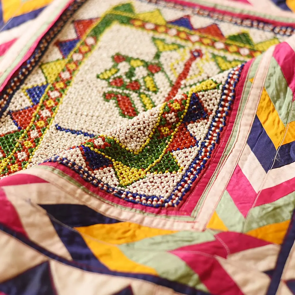 Gujrat Bead Work - Old & Antique Wall Hanging - Flower Pot Motif