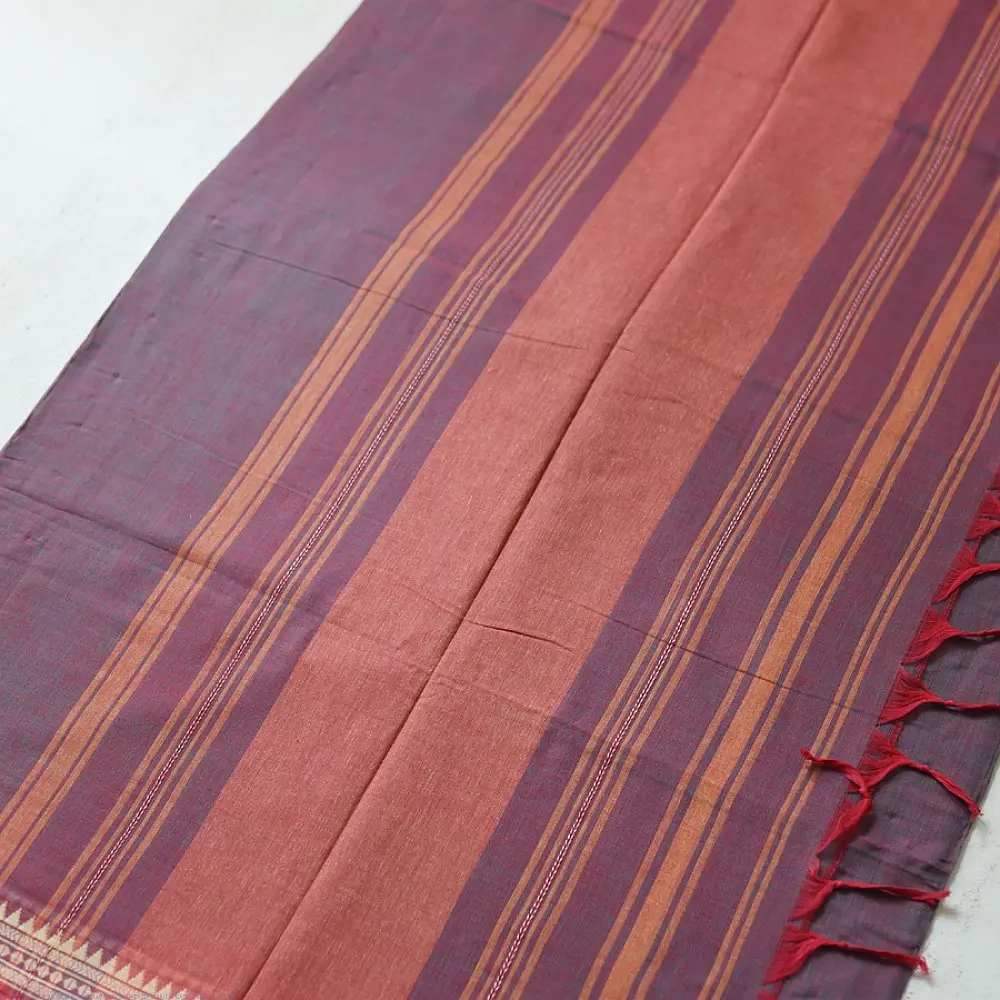 handloom begampuri pure cotton saree in deep plum maroon with mustard yellow and beige woven temple borders and tassel fringe