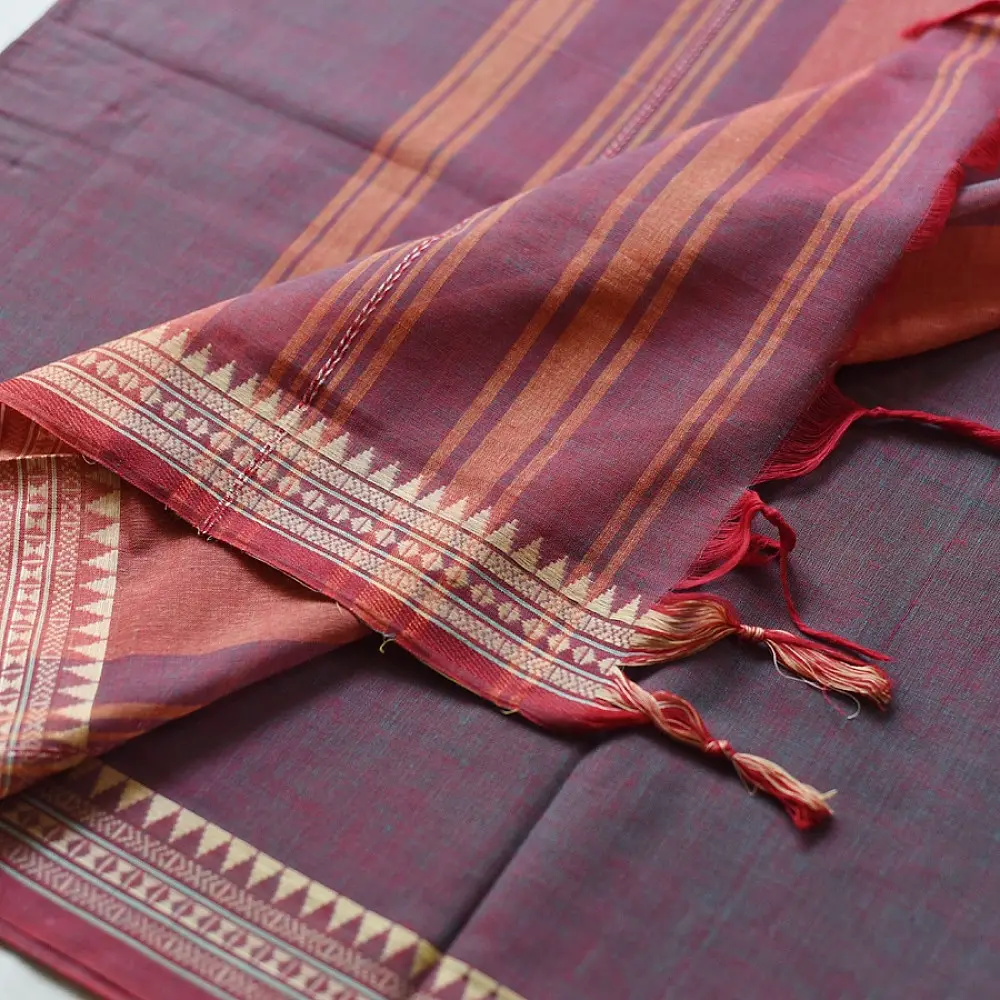 handloom begampuri pure cotton saree in deep plum maroon with mustard yellow and beige woven temple borders and tassel fringe