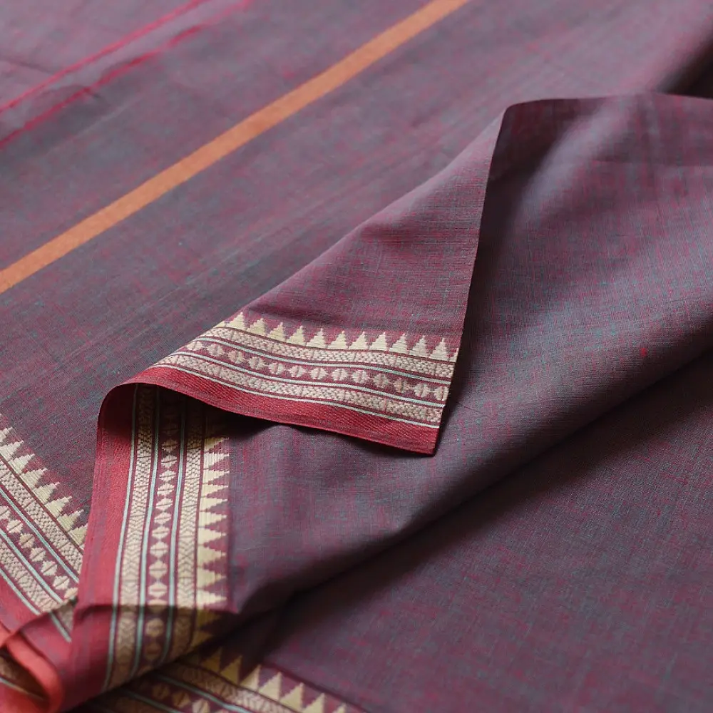 handloom begampuri pure cotton saree in deep plum maroon with mustard yellow and beige woven temple borders and tassel fringe