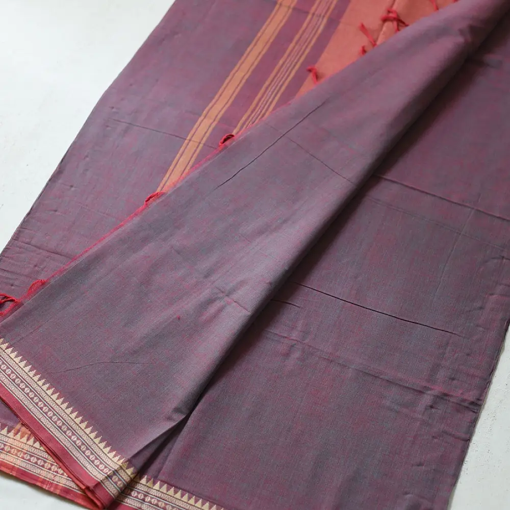 handloom begampuri pure cotton saree in deep plum maroon with mustard yellow and beige woven temple borders and tassel fringe