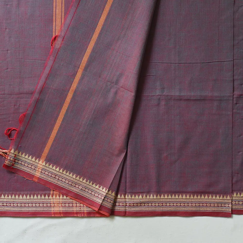 handloom begampuri pure cotton saree in deep plum maroon with mustard yellow and beige woven temple borders and tassel fringe