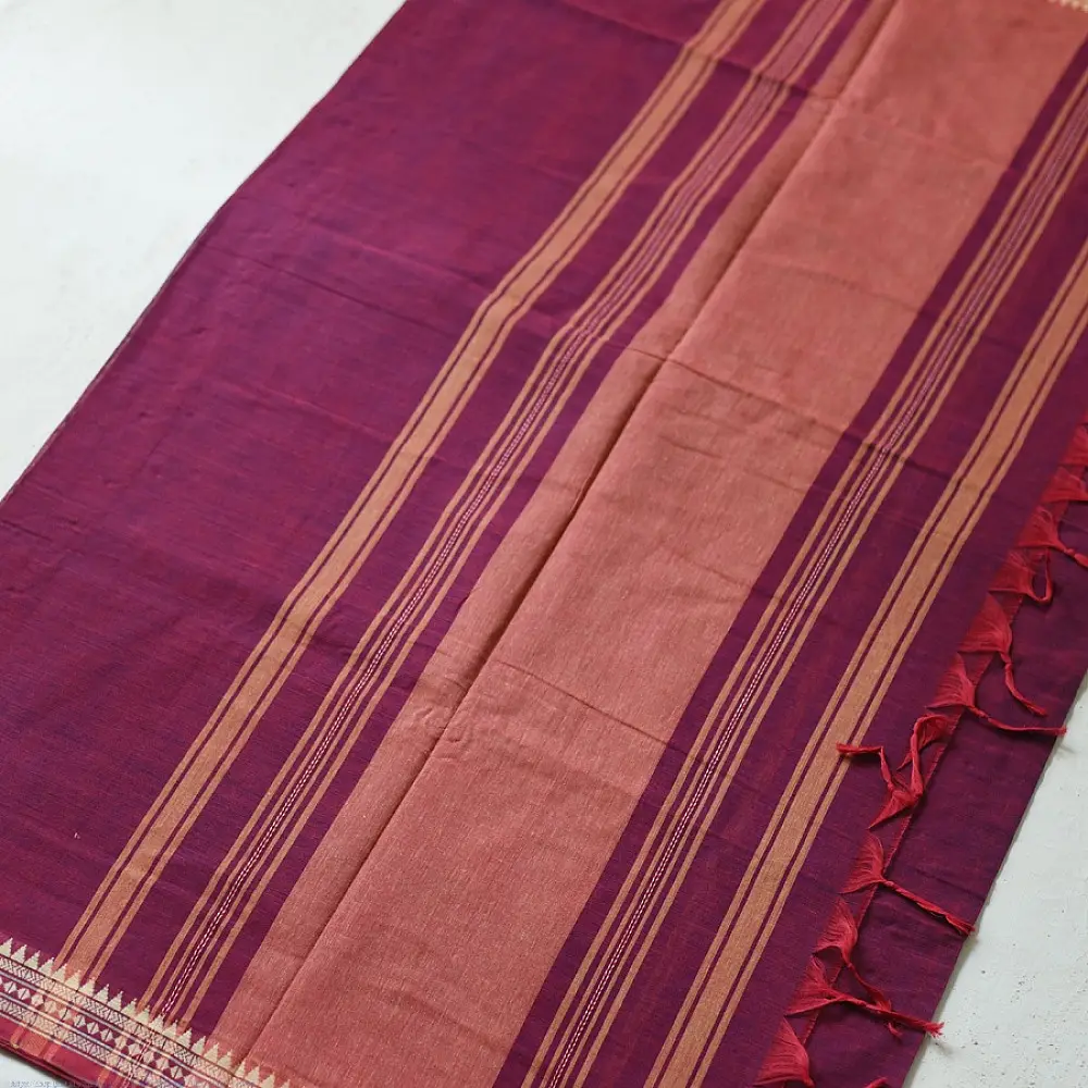 handloom begampuri pure cotton saree in deep violet purple with gold and mustard woven temple borders and tassel fringe
