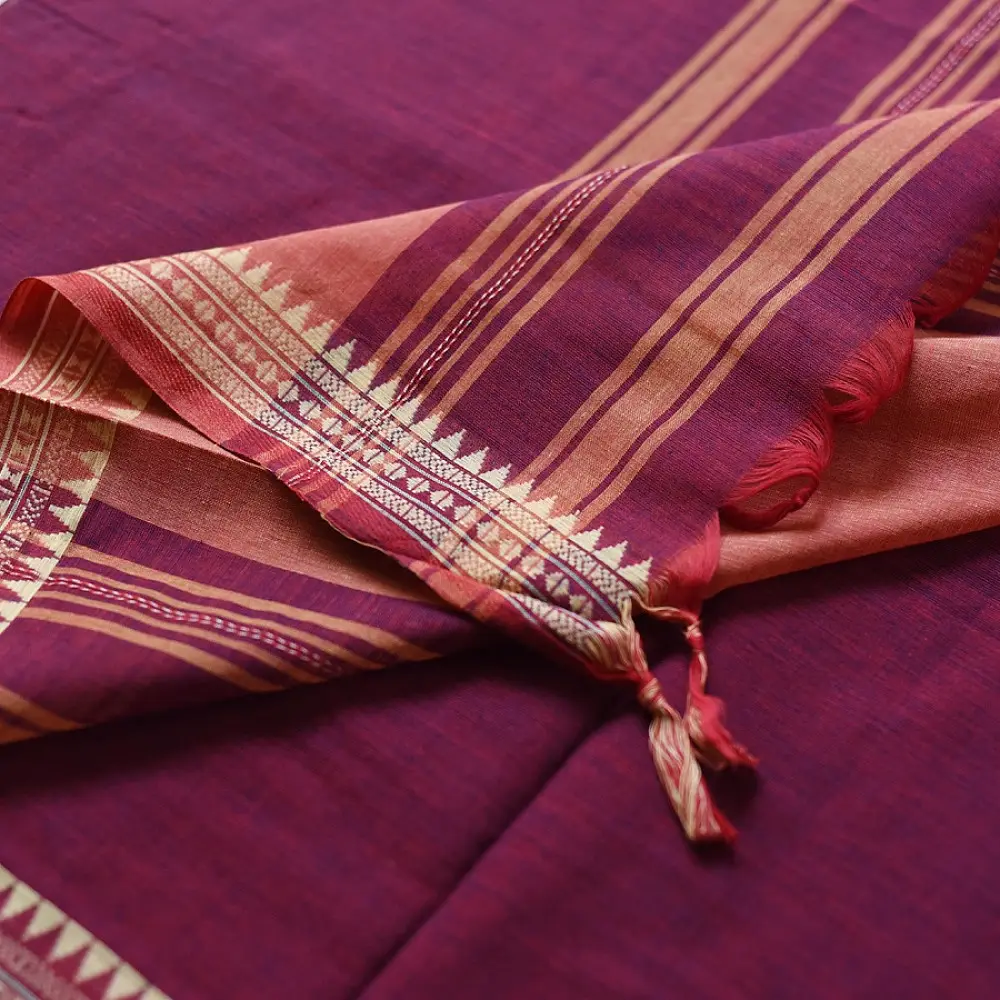 handloom begampuri pure cotton saree in deep violet purple with gold and mustard woven temple borders and tassel fringe