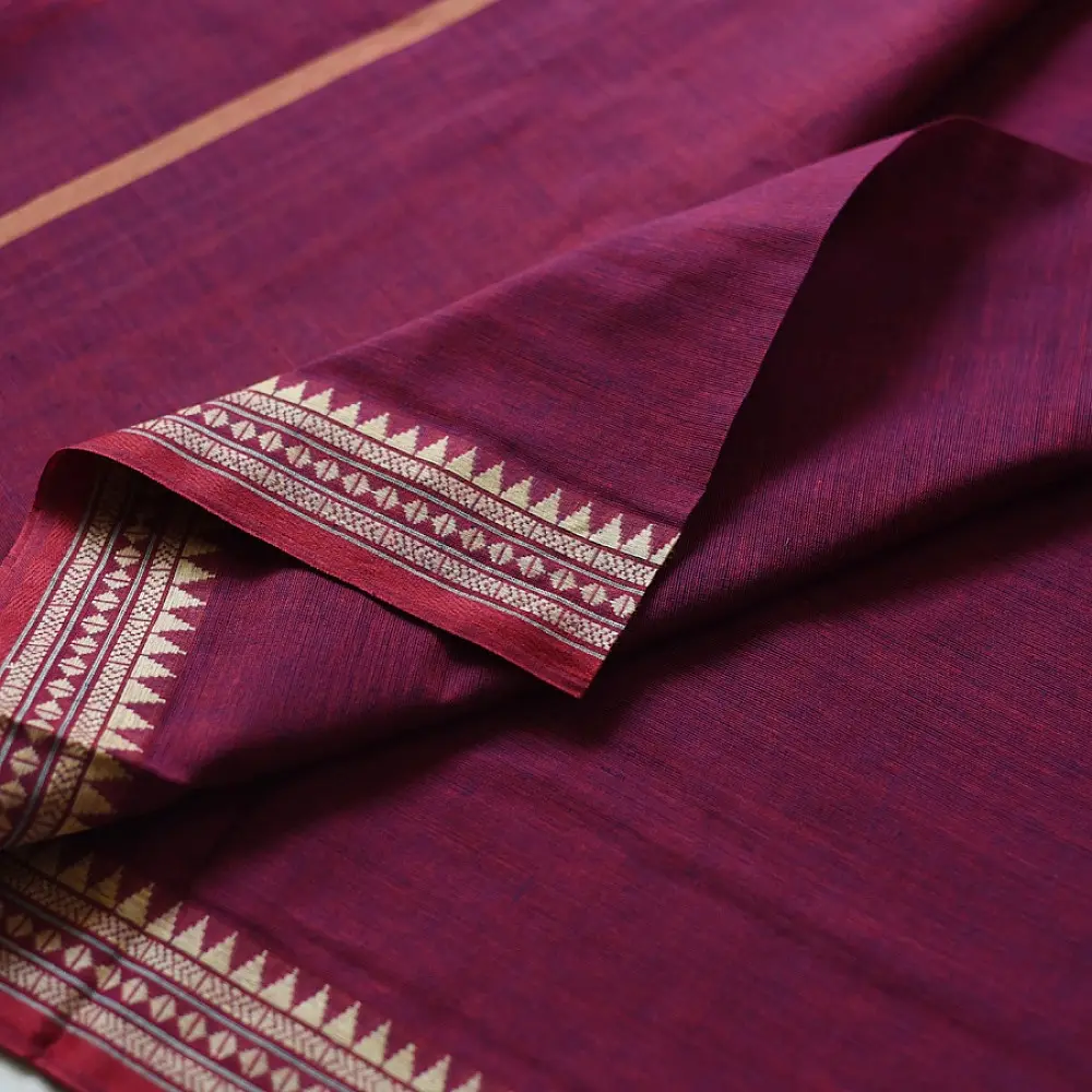 handloom begampuri pure cotton saree in deep violet purple with gold and mustard woven temple borders and tassel fringe