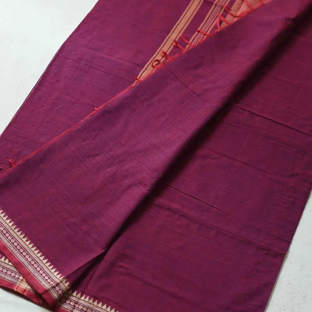 handloom begampuri pure cotton saree in deep violet purple with gold and mustard woven temple borders and tassel fringe